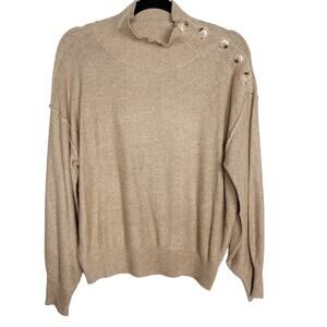 New Lush Small S Brown Latte Side Button Mock Neck Sweater Pullover Wool Blend